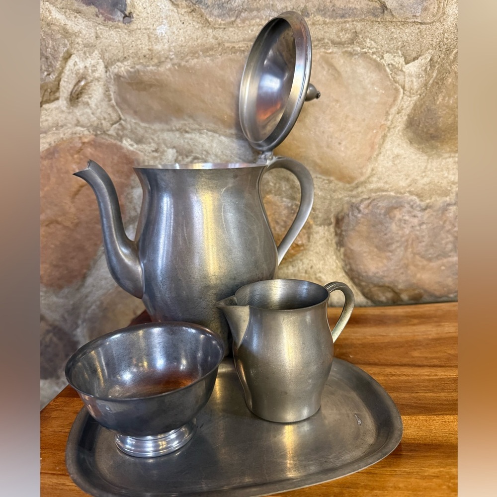 Vintage International Pewter Tea Set 4pc Coffee Pot Creamer Sugar Tray Mid Cen - Picture 2 of 12